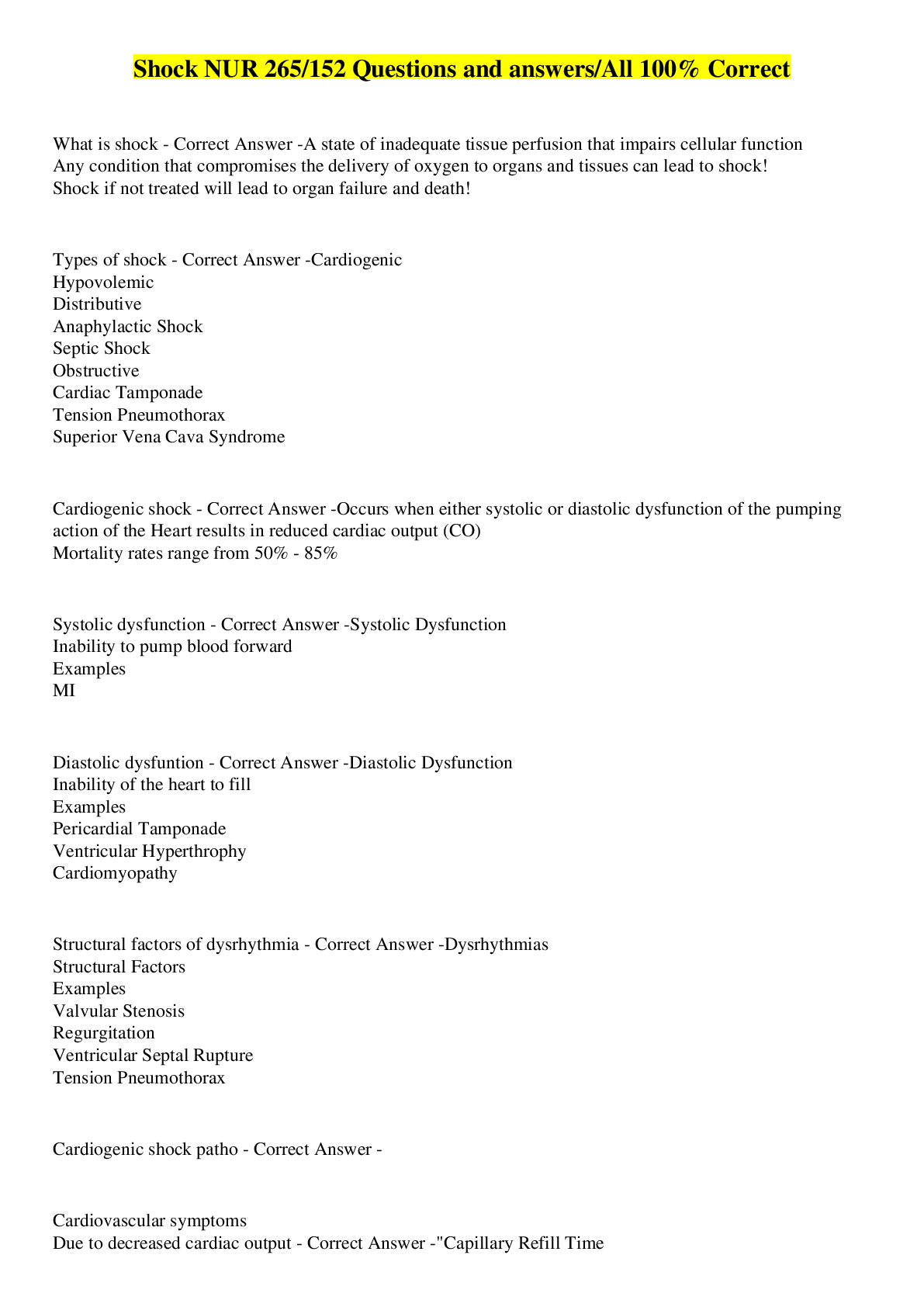 Preview image for Shock NUR 265/152 Questions and answers/All 100% Correct